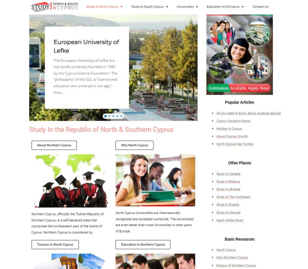 Study in Cyprus website screenshot - international education consultancy website by Hexia Consultancy