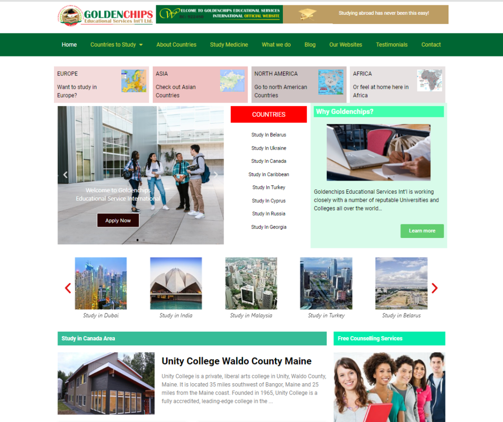 Goldenchips Educational Services website screenshot - e-learning platform built by Hexia Consultancy