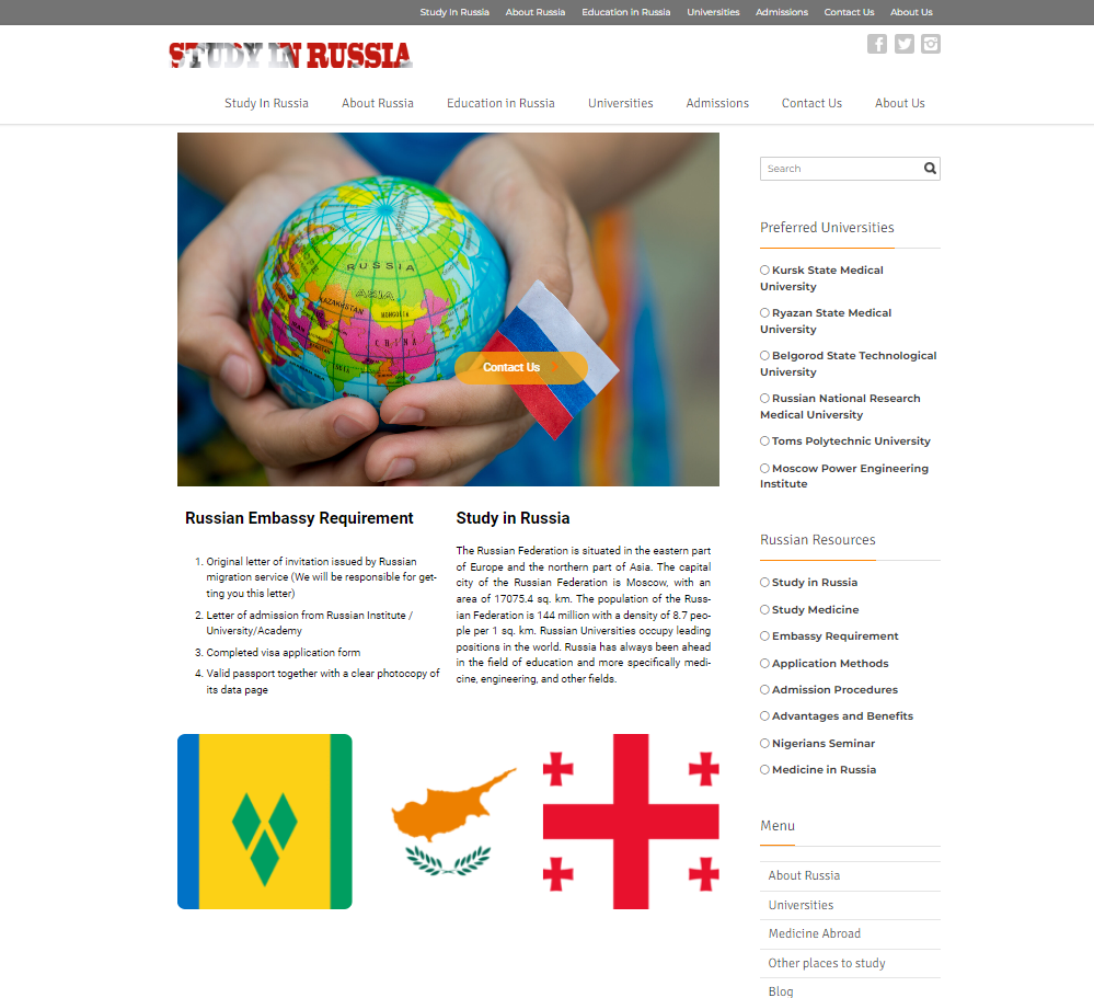 Study in Russia website screenshot - international student enrollment platform by Hexia Consultancy