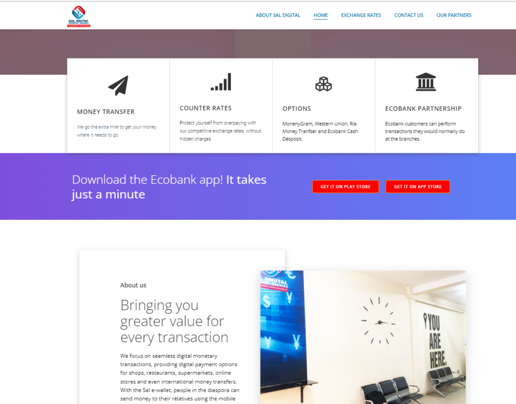 SAL digital payment services website screenshot - fintech platform built by Hexia Consultancy