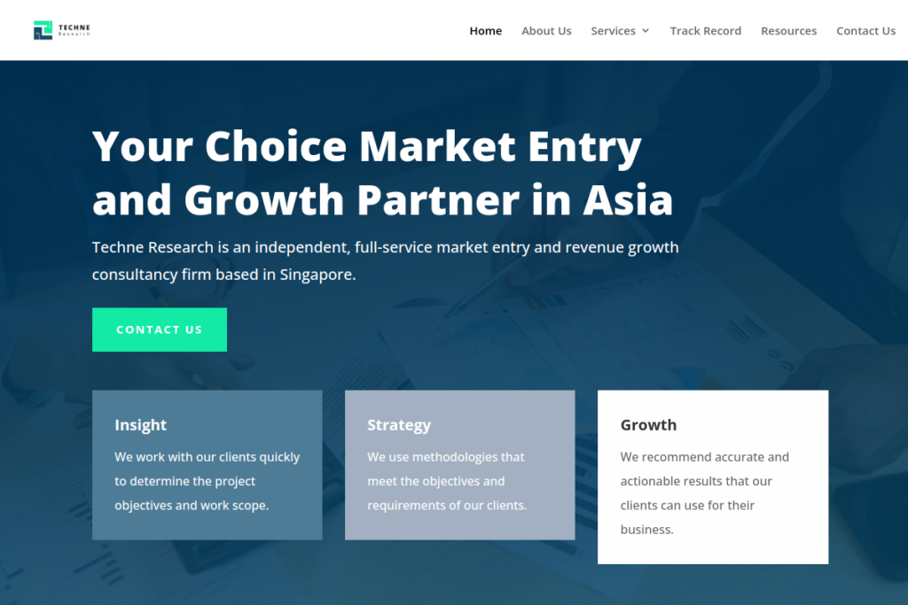 Techne Research website screenshot - research organization website by Hexia Consultancy