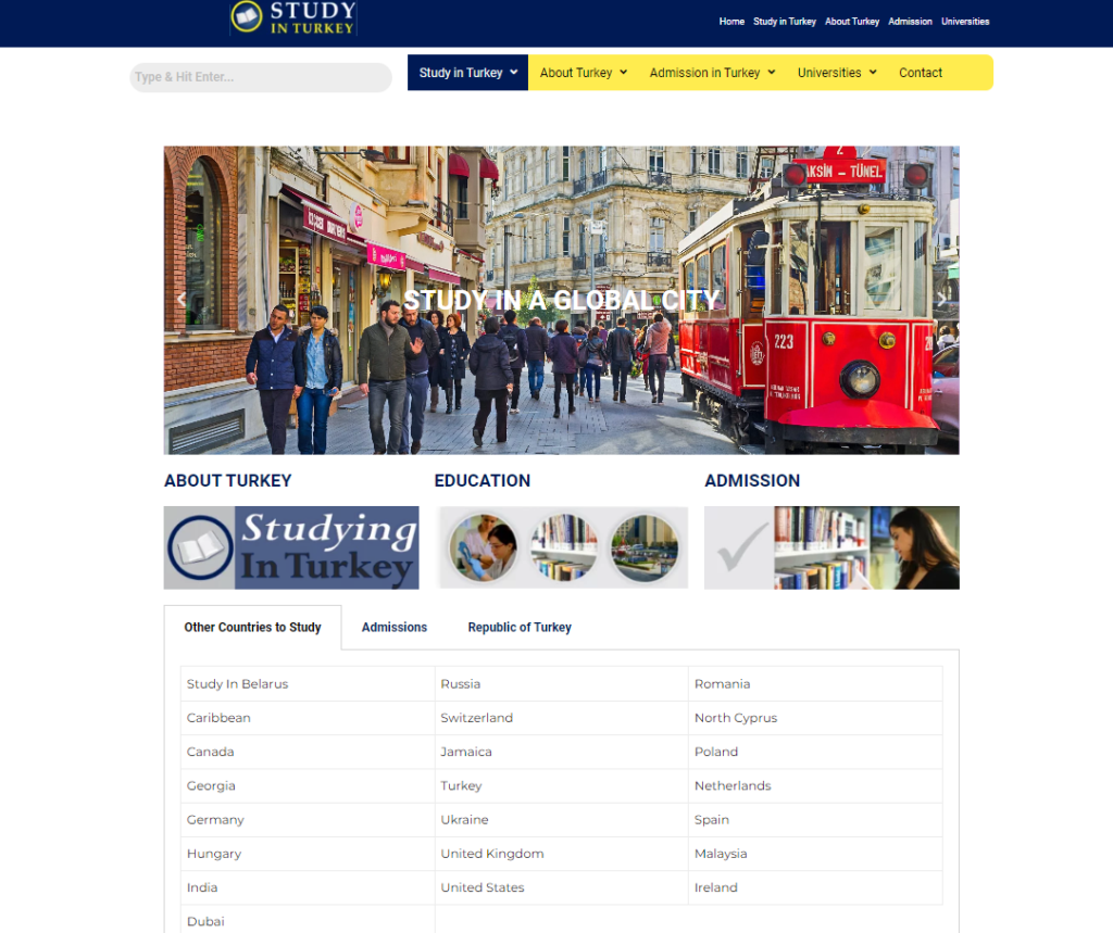 Study in Turkey website screenshot - international education portal by Hexia Consultancy