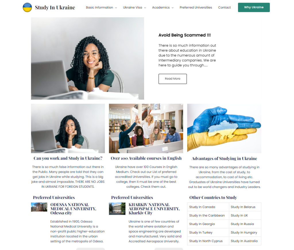 Study in Ukraine website screenshot - international student services platform by Hexia Consultancy